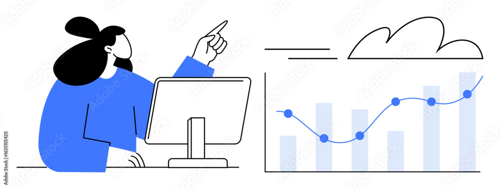 Aufkleber person at a desk pointing at a bar and line graph with cloud icon, representing data analysis, growt