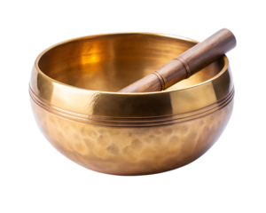 Tibetan singing bowl with wooden striker for meditation and sound healing, isolated on transparent background
