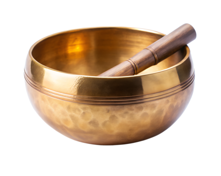 Tibetan singing bowl with wooden striker for meditation and sound healing, isolated on transparent background