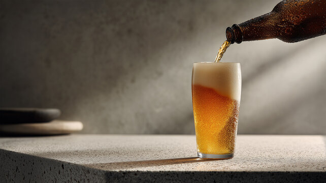 ダイナミックなしずく輝く注がれるビールグラス全景