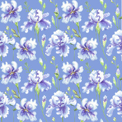 Seamless floral pattern with blue watercolor irises