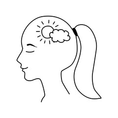 Female head in profile with sun and cloud inside brain, line art style, black and white vector illustration. Ideal for wellness, mental balance, therapy, mindfulness, and psychology content.