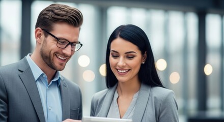 Two professionals collaborating enthusiastically while reviewing digital information on a tablet device together