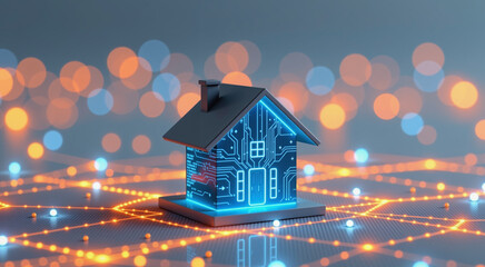 Smart home with glowing circuit board walls and digital lights