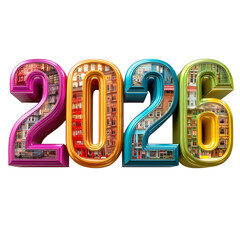 Colorful 2026 new year celebration artwork with urban cityscape inside it isolated on transprint background