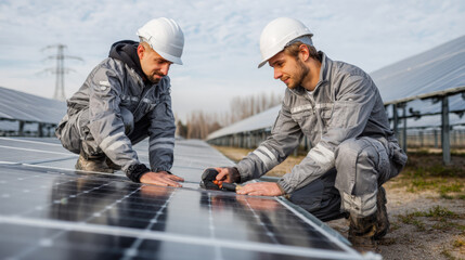 Two hard-working, confident male technicians in protective gear, helmets are working together, installing solar panels at power station. Concept of teamwork, renewable energy, clean environment