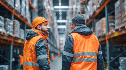Two skilled male warehouse workers in hard hats, orange vests are discussing logistics in warehouse with shelves of products in background. Themes of teamwork, professionalism, logistics industry