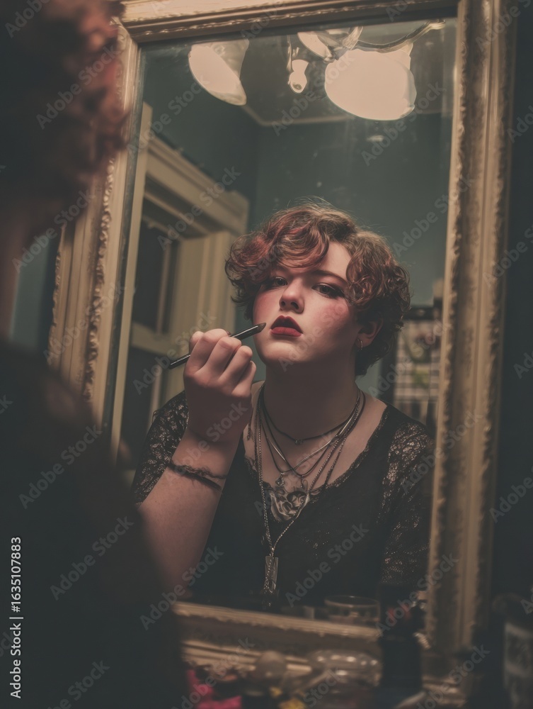 Poster applying makeup in front of a vintage mirror in an intimate and cozy setting during the evening hour
