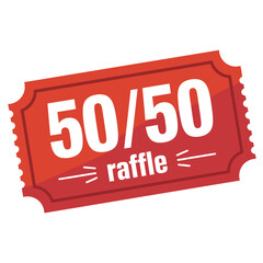 Red raffle ticket with 50 50 text and festive design