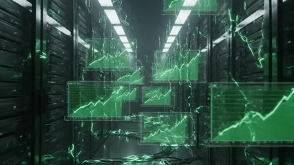 Digital transformation concept with glowing financial graphs and analytics inside a futuristic server farm corridor. - Powered by Adobe