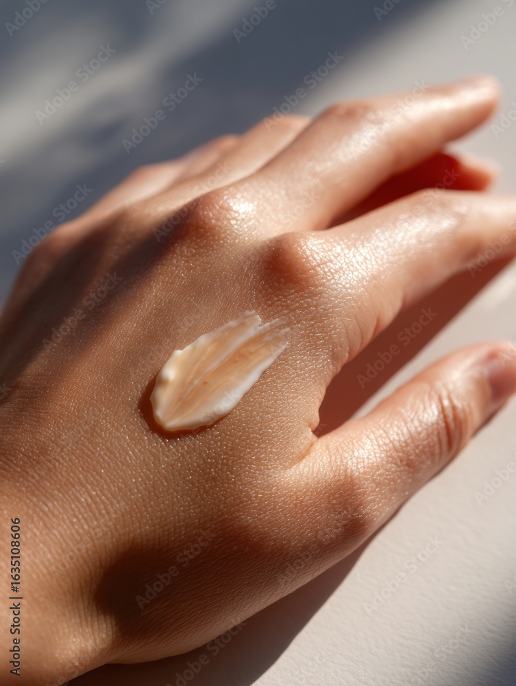 Aufkleber close-up of a hand applying cream on treated skin with soft shadows and an open right side