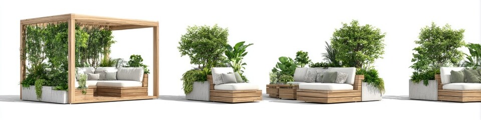 Wooden outdoor seating with lush greenery