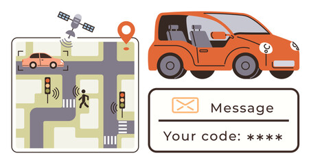 Self-driving car using satellite navigation, wireless communication, traffic management, and safety alerts. Ideal for mobility, technology, innovation, safety, smart cities transportation urban