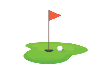 Golf ball on green near flag on a golf course