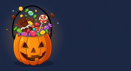 Fototapeta premium Spooky Candy Basket: A whimsical illustration depicts a cheerful jack-o'-lantern overflowing with a delightful assortment of candies and sweets, set against a dark, inviting background. 