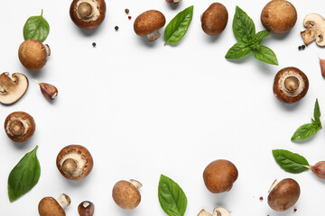 Frame made of raw champignon mushrooms with spices on white background