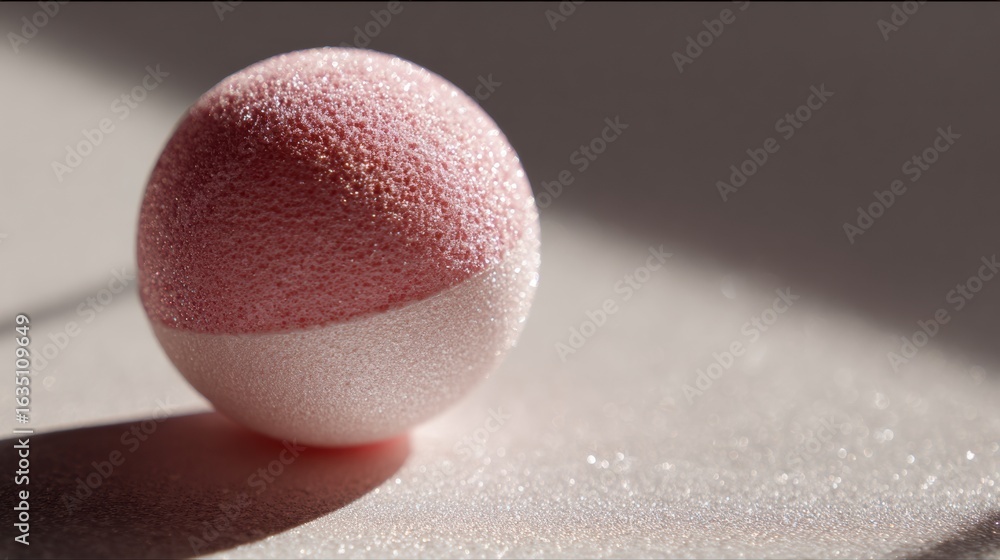 Poster soft pink beauty sponge glows gently on a smooth surface highlighting its rounded shape and texture 