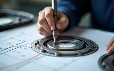 Engineer technician designing drawings mechanical parts engineering Engine.manufacturing factory Industry Industrial work project blueprints measuring bearings caliper tools. High quality