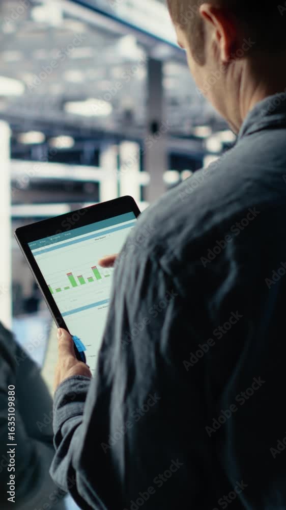 Poster vertical video server room it expert swiping on tablet touchscreen to read data charts, monitoring e