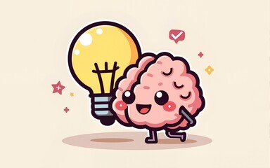 Human brain and lamp bulb for patches, badges, stickers, posters. Cute funny cartoon character icon in asian japanese kawaii style. Work smart Not Hard motivational and creative quote. High quality