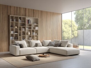 Modern beige living room with wooden paneling and large windows