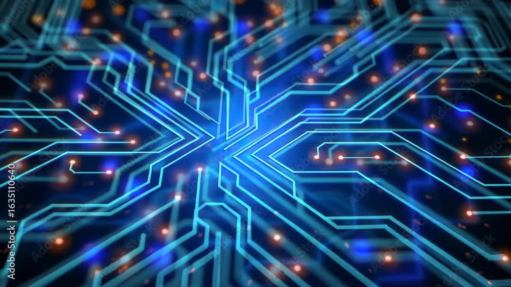 Poster cyber circuitry: a mesmerizing illustration of a digital circuit board pulses with neon blue light. 