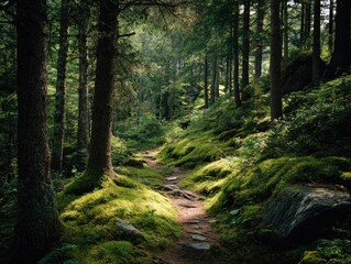 Obraz premium Sunlight streams through a mossy forest path