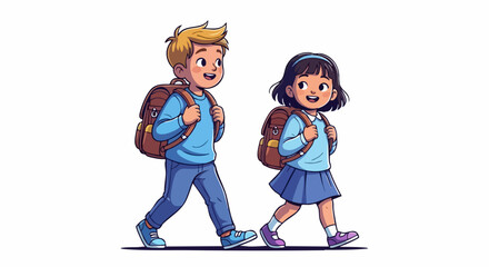 Children Walking to School with Backpacks in a Cheerful Style for Education Blogs, Kids Activities Websites, School Awareness Campaigns, and Family Content  