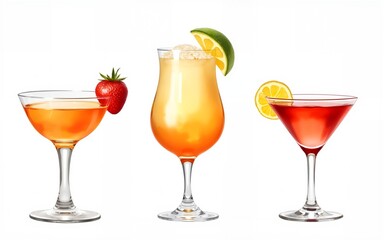PNG collection of Manhattan cocktails in different glasses with garnishes. Watercolor illustrations on transparent background. High quality
