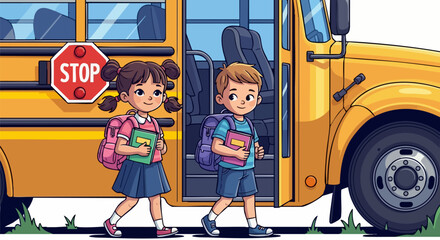 Animated Children Exiting School Bus with Backpacks on a Bright Day for Educational Blogs, Parenting Websites, Children's Resources, and School Awareness Campaigns  