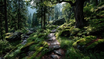 Obraz premium Sunlight filtering through a mossy forest path