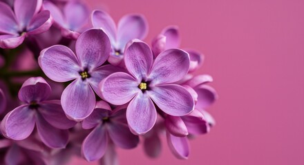 Delicate Lilac Blossoms: Five-Petaled Flowers on Pink Background, Floral Beauty