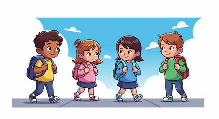 Four Diverse School Children Walking Together with Backpacks Under a Bright Sky for Educational Blogs, Childcare Websites, School Awareness Campaigns, and Classroom Materials  