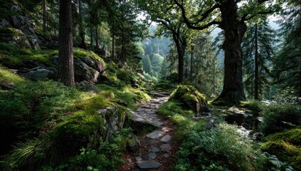 Obraz premium Sunny forest path winding through mossy rocks