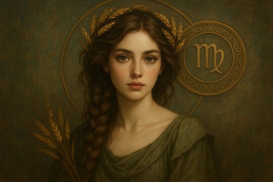 Young woman with braided hair holding wheat, adorned with Virgo Zodiac Sign, in warm earthy tones, highlights beauty and astrology