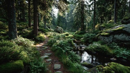 Fototapeta premium Lush forest path by a stream