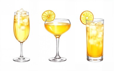 Set of three watercolor illustrations of Gin Fizz cocktails in different glasses with crushed ice, lemon slice garnish, and yellow fizzy liquid on white background. Hand-painted summer drink artwork.