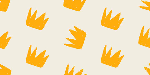 vector pattern with drawn crown shapes in bold brush style and playful painted texture, concept of kids textile, concept of modern surface design