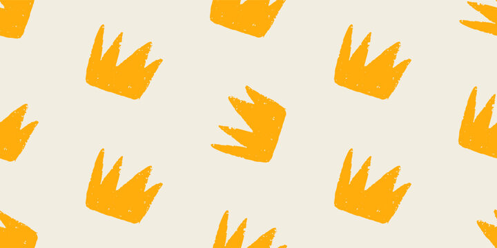 vector pattern with drawn crown shapes in bold brush style and playful painted texture, concept of kids textile, concept of modern surface design