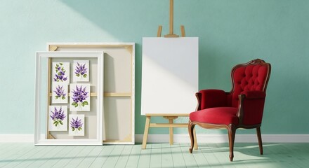 Artist's Studio with Lilac Art, Blank Canvas, and Red Velvet Chair in Soft Light