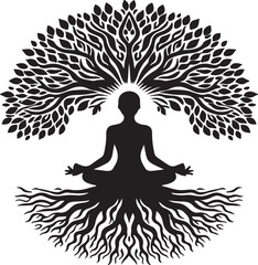Silhouette of a woman meditating in a lotus yoga pose, a spiritual illustration of peace and relaxation.