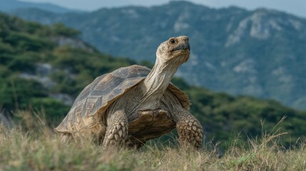 A magnificent tortoise in its natural habitat with a stunning mountain background