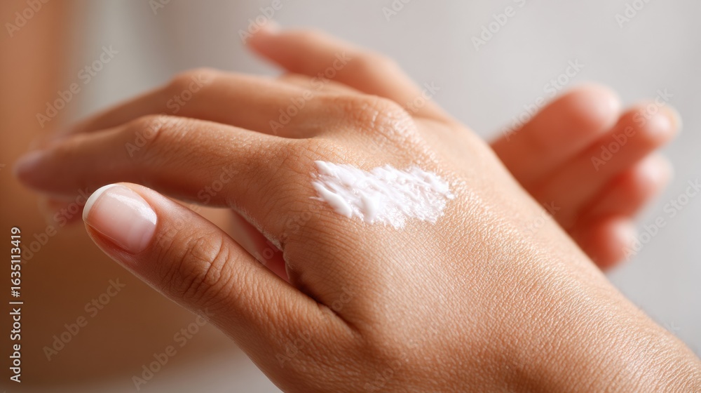 Poster close-up of womans hand applying cream on recently treated skin with soft shadows in a well-lit sett