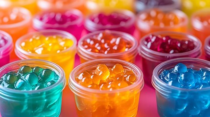 Vibrant jelly cups in multiple colors. Close-up of colorful gelatin with fruit bubbles in clear containers. Festive and sweet dessert variety. National Jell-O Week