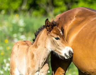 Fototapeta premium Foal nuzzling its mother in a grassy meadow