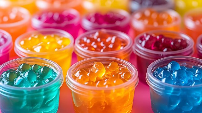 Vibrant jelly cups in multiple colors. Close-up of colorful gelatin with fruit bubbles in clear containers. Festive and sweet dessert variety. National Jell-O Week