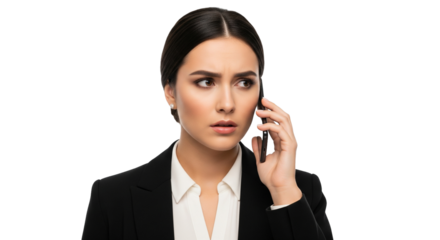 Junge elegante Frau im Business-Look telefoniert vor transparenten Hintergrund – PNG