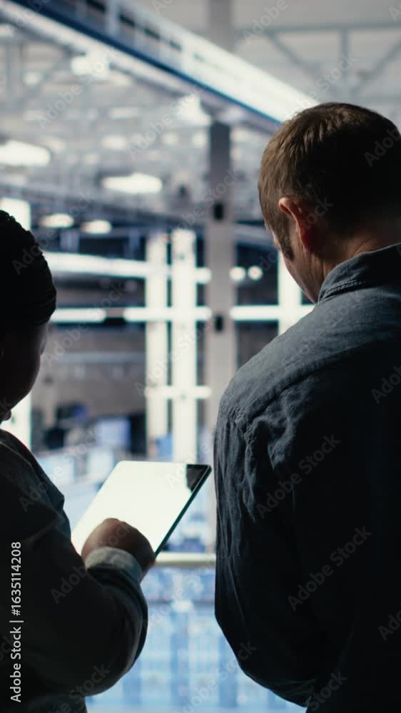 Poster vertical video team of server room technicians alerted by warning message on laptop causing infrastr