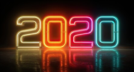 Vibrant neon 2020 numerals on dark studio floor