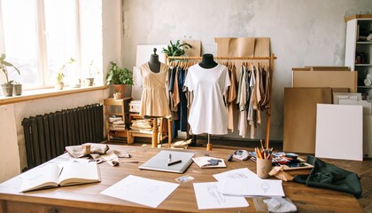 A light-filled fashion studio showcasing dress forms, clothing racks, and design elements.